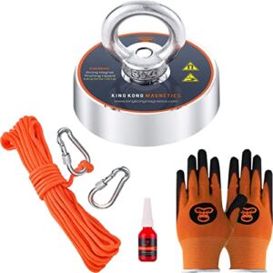 King Kong Magnetics 400 lbs Pulling Force Magnet Fishing Kit – 2.36 inch Strong Neodymium Fishing Magnets-Gloves, Nylon Rope, Thread Locker & Carabiners Included
