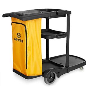 Dryser Commercial Janitorial Cleaning Cart on Wheels – Black Housekeeping Caddy with Cover, Shelves and Vinyl Bag