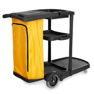 Commercial Janitorial Cleaning Cart Caddy with Cover – Shelves, Vinyl Bag, Black