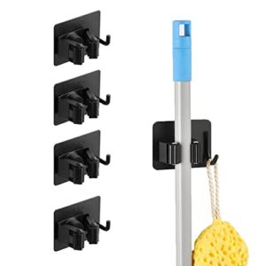 Stainless steel heavy-duty wall-mounted broom and mop rack with hooks, Adhiper mop rack and broom rack storage rack, suitable for bathroom, kitchen, room, hotel (4 pcs/black)