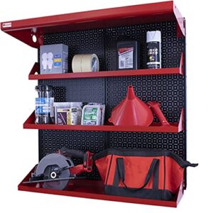 OmniWall Metal Pegboard Shelving Organization System Shelving Kit 32″ x 32″ Modular Pegboard- Panel Color: Black Accessory Color: Red