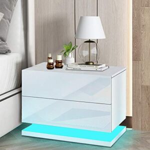 Modern Bedside Table with LED Lighting Nightstand Storage Cabinet with 2 High Gloss Drawers 16 Colors Bedroom Living Room End Table Stand 19.7X 13.8X 17in (White)