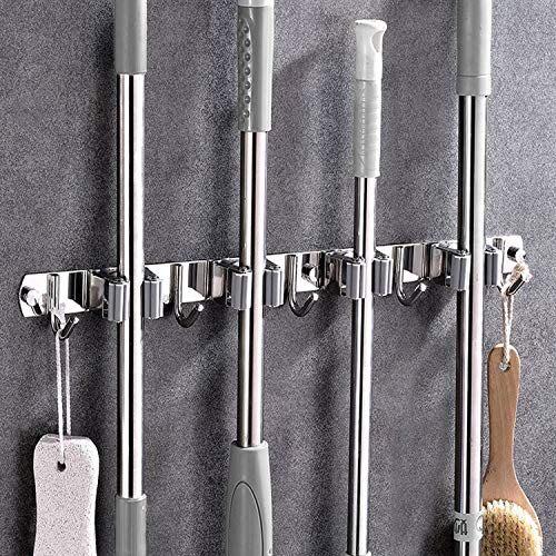 PeoTRIOL Broom Holder Wall Mounted, Mop Holder Broom Grippers Non-Slip Hangers, Garden Tools, Kitchen, Bathroom, Garage, Closet Mess Organizer w/ 3 Racks 4 Hooks – Stainless Steel Material – Grey | The Storepaperoomates Retail Market - Fast Affordable Shopping