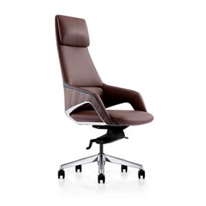 Genuine Leather Office Chair with Aluminum Base High Back Top Grain Leather Executive Chair,Modern Ergonomic Sterling Real Leather Office Chair with Synchro-Tilt Reclining Mechanism-Dark Brown