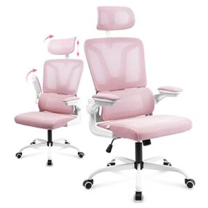 Soontrans Ergonomic Office Chair with Adjustable Arms, Mesh Office Chair with Lumbar Support, 2D Headrest Office Desk Chair, Rocking Ergonomic Chair, Swivel Computer Ergo Chair for Home Office – Pink