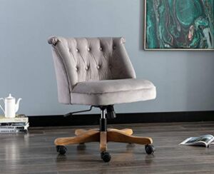 Kmax Armless Tufted Velvet Home Office Desk Chair with Vintage Wood Base, Mid Century Modern Upholstered Swivel Vantiy Desk Chair Wide Seat Height Adjustable with Thick Padding, Velvet-Grey