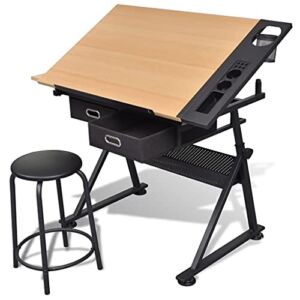 Eurobuy Drafting Table Reclining Drawing Desk,Art Desk Tilted Tabletop Artist Table for Home,Office,Two Drawers Tiltable Tabletop Drawing Table with Stool