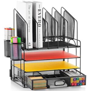 Marbrasse Desk Organizer with Drawer, 4-Tier Mesh Desk File Organizer with 5 Vertical File Holders and 2 Pen Holders, Multifunction Desktop Organizer,Desk Organizers and Accessories for Home Office