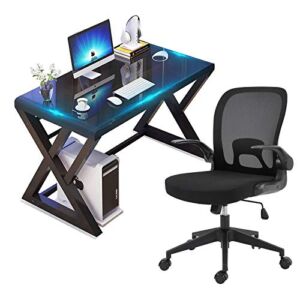 VUYUYU Home Office Desk and Chair Set, Breathable Mesh Computer Chair and Modern Glass Top Computer Desk with Metal Frame, Flip-Up Arms Foldable Backrest Rolling Swivel Chair, Home Study Workstation
