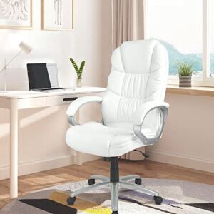 Office Chair Adjustable High Back Office Chair, Computer Ergonomic Office Chair Lumbar Support, Comfortable Executive Leather Office Chair Back Support, Work Desk Chairs with Wheels and Arms, White