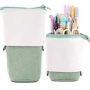 Friinder Pen Pencil Telescopic Holder Stationery Case, PU Corduroy Stand-up Retractable Transformer Bag Colorful Organizer, Great for Christmas Holiday Gift Cosmetics Pouch Makeup Bag (Green)