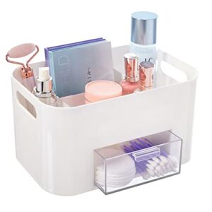 STORi Bliss 4-Compartment Plastic Vanity Organizer with Small Accessory Drawer in Cloud White | Rectangular Makeup, Skincare, & Cosmetic Storage Bin with Pass-Through Handles | Made in USA