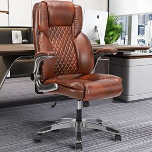 High Back Office Chair- Flip Arms Adjustable Leather Support Task Home Desk Chairs, Executive Computer Desk Chair Work Chairs, Thick Padded Strong Metal Base, Ergonomic Design for Back Pain