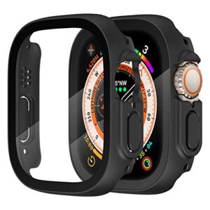 OXWALLEN Upgraded 2Pack Sport Rugged Bumper Designed for Apple Watch Ultra 49mm Case Built in 9H Tempered Glass Screen Protector, Hard PC Protective Case Cover – Black