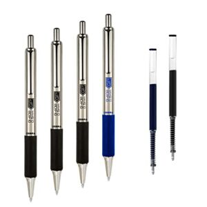 Zebra Pen G-402 Stainless Steel Retractable Gel Pen, Premium Metal Barrel, Fine Point, 0.5mm, Black and Blue Ink, 4-Pack Plus Refills, (50072)