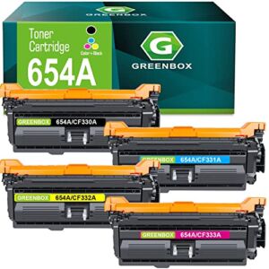 GREENBOX Remanufactured 654A Toner Cartridges Replacement for HP 654A 654X CF330A CF331A CF332A CF333A Color Enterprise M680z M651n M651dn M651xh MFP M680f M680dn Printer (15,000 Pages, KCMY, 4PK)