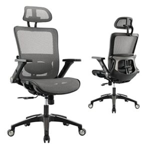 Ergonomic Mesh Office Chair, High Back Computer Executive Home Desk Chair with Headrest and 4D Flip-up Armrests, Adjustable Tilt Lock and Lumbar Support-Grey