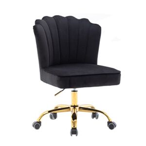 ZOBIDO Comfy Home Office Task Chair with Wheels, Cute Modern Upholstered Velvet Seashell Back Adjustable Swivel Vanity Desk Chair, for Women, for Kids, for Girls, Living Room, Bedroom (Black)