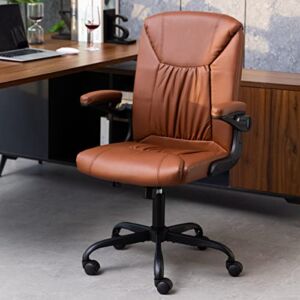 YAMASORO Modern Home Office Desk Chairs Brown Leather Office Chair with Wheels Swivel Rolling Chair Mid-Back Task Chair for Adults