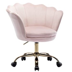 HNY Comfy Home Office Chair with Wheels, Modern Velvet Seashell Back Swivel Desk Chair, for Kids, Women, Girls Living Room, Bedroom, Light Pink
