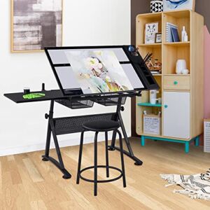 Lamerge Glass Drafting Table with Stool, Drawing Desk for Adults/Artists 2 Storage Drawers,Height Adjustable 0-75° Tilting Home Office, Black (Drafting Table001)