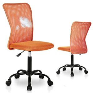 Armless Office Rolling Chair Mesh Small Computer Chair Ergonomic Swivel Office Chair No Arms with Lumbar Support, Teen Desk Chair Stool with Wheels Adjustable Task Chair for Adults and Kids, Orange
