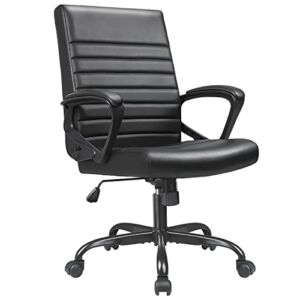 Devoko Office Chair Mid Back Desk Chair PU Leather Executive Office Chair Ribbed Computer Task Chair Swivel Rolling Chair with Padded Arms and PU Wheels, Black