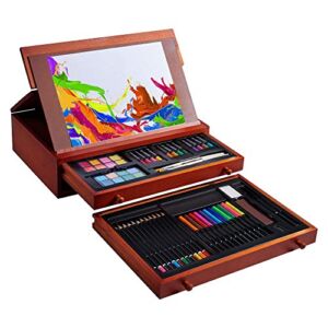 Art Supplies, Wooden Art Set Crafts Kit with Foldable Easel, Deluxe Art Set, Oil Pastels, Colored Pencils, Watercolor Cakes, Creative Gift for Teens, Beginners Girls Boys