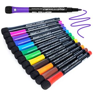 Magnetic Dry Erase Markers Fine Point Tip, 12 Colors White Board Markers Dry Erase Marker with Eraser Cap, Low Odor Whiteboard Markers Thin Dry Erase Markers for Kids Teachers Office School Supplies