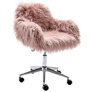 KCC Fluffy Office Desk Chair, Faux Fur Modern Swivel Armchair with Wheels, Soft Comfy Fuzzy Elegant Accent Makeup Vanity Chairs for Women Girls, Home Living Dressing Room Bedroom, Pink