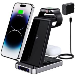 Wireless Charging Station, 3 in 1 Wireless Charger Stand Compatible iPhone 14/13/12/11/Pro/Max/SE/XS/XR/X/8 Plus/8, Fast Wireless Charging Dock for Apple Watch Series & Airpods with USB-C PD Adapter