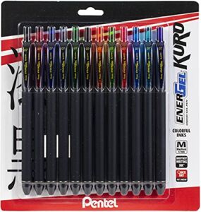 Pentel EnerGel Kuro Gel Pen, (0.7mm) Medium line, Assorted Ink ,12 Pack (BL437R1BP12M)