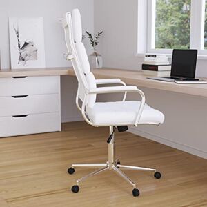 Merrick Lane Austen White High Panel-Back Ergonomic Office Chair with Padded Chrome Arms Executive Faux Leather Swivel Computer Desk Chair