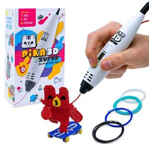 PIKA3D Super 3D PRINTING PEN – Includes 3D Pen, 4 Colors of PLA Filament Refill with Stencil Guide and User Manual