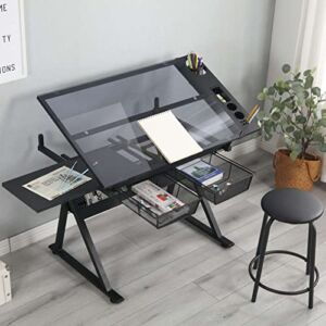 FRITHJILL Drafting Table with Stool, Modern Black Adjustable Tempered Glass Printing Artwork Desk for Art Studio Home Office School