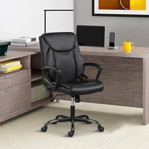 Ergonomic Office Chair Adjustable Height Tilt Computer Chair PU Leather Executive Rolling Swivel Desk Chair Mid Back Home Office Task Chair with Lumbar Support, Padded Arms, Wheels for Adults(Black)
