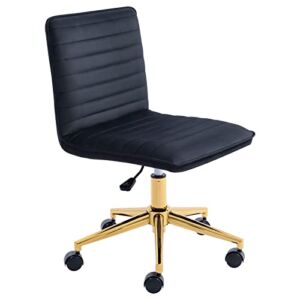 Furniliving Velvet Home Office Chair, Armless Vanity Desk Task Chair with Wheels 360° Swivel Computer Rolling Desk Chair with Back, Adjustable Accent Chair with Gold Metal Base Stool Chair (Black)