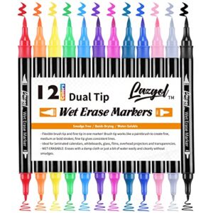 Wet Erase Markers Dual Tip, Lazgol 12 Assorted Colors, Dual Tip Brush & Ultra Fine Overhead Transparency Smudge Free Markers for Dry Erase Whiteboard, Refrigerator Calendars, Glass, Films and Any Kind of Wet Erase Surface, Erase with Water