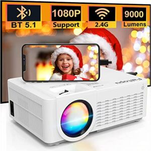 Projector with WiFi and Bluetooth 5.1, 2022 Upgraded 9000 Lux 1080P Full HD Supported, Portable Outdoor Projector Mini Projector Compatible with Smartphone HDMI USB AV AUX VGA