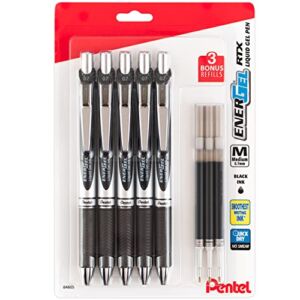 Pentel EnerGel Liquid Gel Ink Pens 0.7 mm – Pack of 5 Black Deluxe RTX Energel Pens with 3 Refills