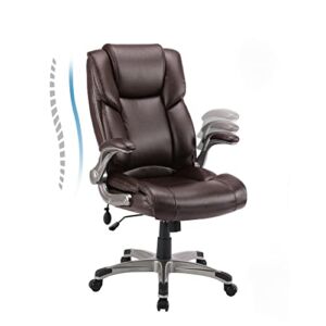 Office Chair Home Ergonomic Computer Hight Back Executive Desk Chairs, Adjustable Height Flip-Up Armrest Lumbar Support and Tilt Swivel Rocking PU Leather Chairs with Wheels Brown