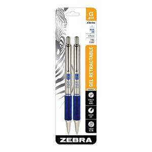 Zebra Pen G-402 Retractable Gel Pen, Stainless Steel Barrel, Fine Point, 0.5mm, Blue Ink, 2-Pack
