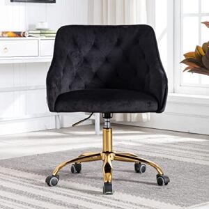 Home Office Desk Chair with Mid-Back Upholstered Modern Tufted Computer Task Chair Swivel Height Adjustable Velvet Accent Chair with Wheels for Living Room Bedroom Study Room Vanity Room (Black)