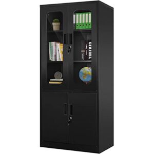 Greenvelly Locking Metal Cabinet with Lock, Tall Steel Office Cabinet with Tempered Glass Door, Black Lockable Storage Cabinet with Door and 3 Shelves, Utility Locker for Office, Home, Pantry, Kitchen