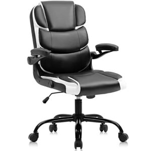 YAMASORO Black Home Office Desk Chairs with Wheels PU Leather Swivel Task Chair Modern Office Chair with Flip-up Armrest