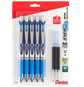 Pentel EnerGel Liquid Gel Ink Pens 0.7 mm – Pack of 5 Blue Deluxe RTX Energel Pens with 3 Refills