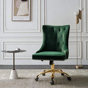 TINA’S HOME Velvet Armless Office Chair with Gold Base & Nailhead Trim, Modern Tufted Upholstered Desk Chair Swivel Adjustable, Cute Wingback Computer Task Vanity Chair for Women, Green