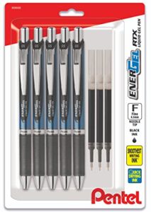 Pentel Energel Deluxe RTX 0.5 mm Needle Tip Pens – Retractable Liquid Gel Pen Set – Pack of 5 Black Pens with 3 Refills