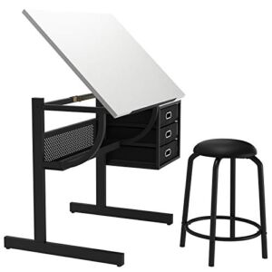 soges 49.2 in Adjustable Drafting Desk Draft Table Drawing Table Painting Table Art Craft Station with Tiltable Tabletop & Stool & 3 Drawers CZKLD-029