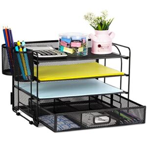 FancoYard Desk Organizers Set, Mesh Office Supplies Paper File Organizer for Desk with Pen Holder, Notebook, Pencil Storage Accessories with 4 Trays + Sliding Drawer, Black